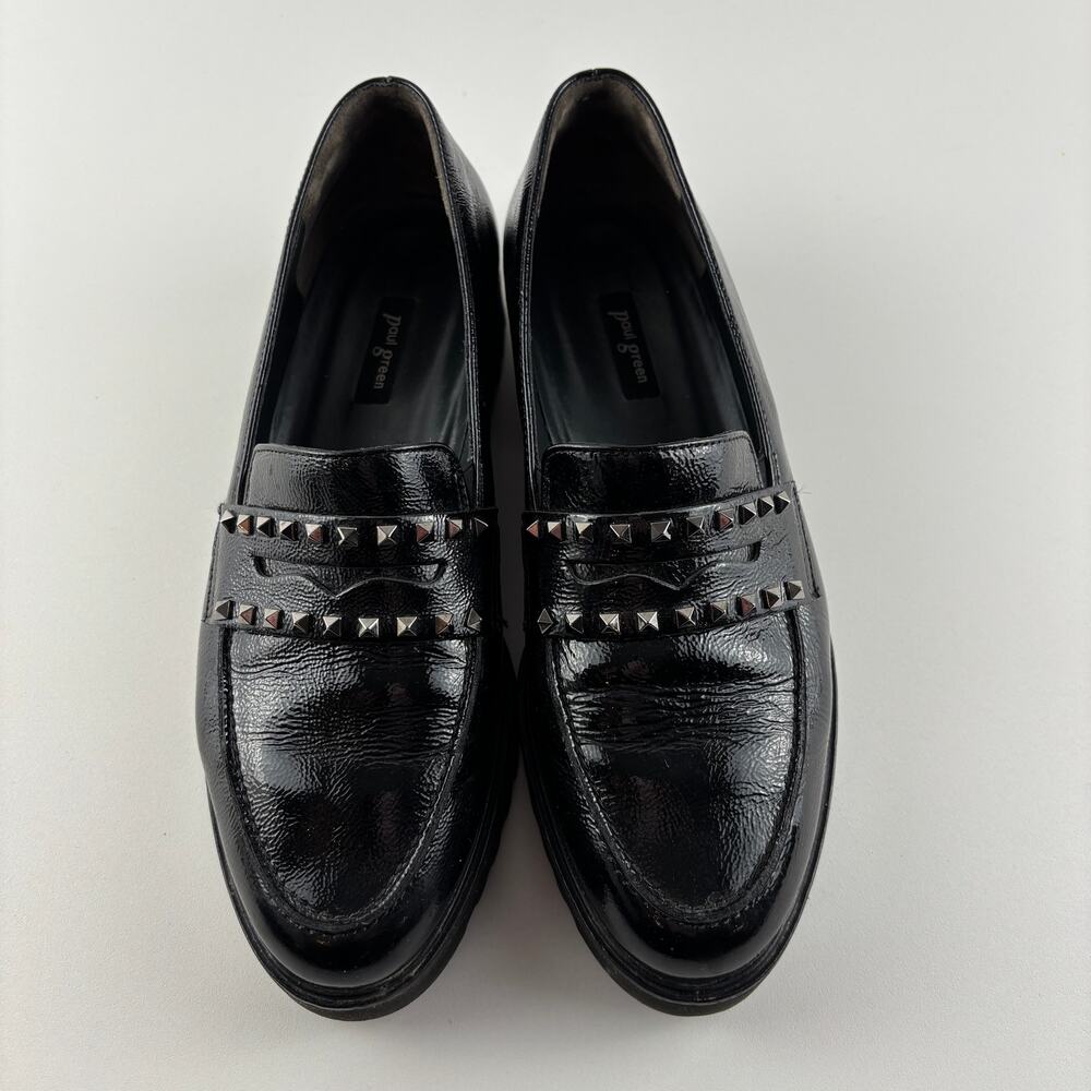 Paul Green Studded Black Patent Leather Loafers Sz 8 Lug Sole